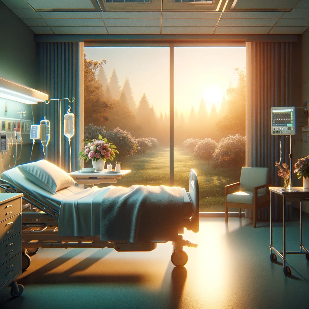 Create an image that embodies the concept of recovery and hope within a hospital setting, focusing on the theme of post-surgery healing. The scene should capture a serene and comforting atmosphere, featuring elements such as a hospital room bathed in soft morning light, a patient's bed with a view of a garden or a calming landscape through the window, and subtle hints of recovery like a get-well-soon card or flowers on the bedside table. The image should evoke a sense of peace, resilience, and the beginning of a healing journey, without displaying any identifiable characters, alphabets, or numbers, to maintain a universal appeal.