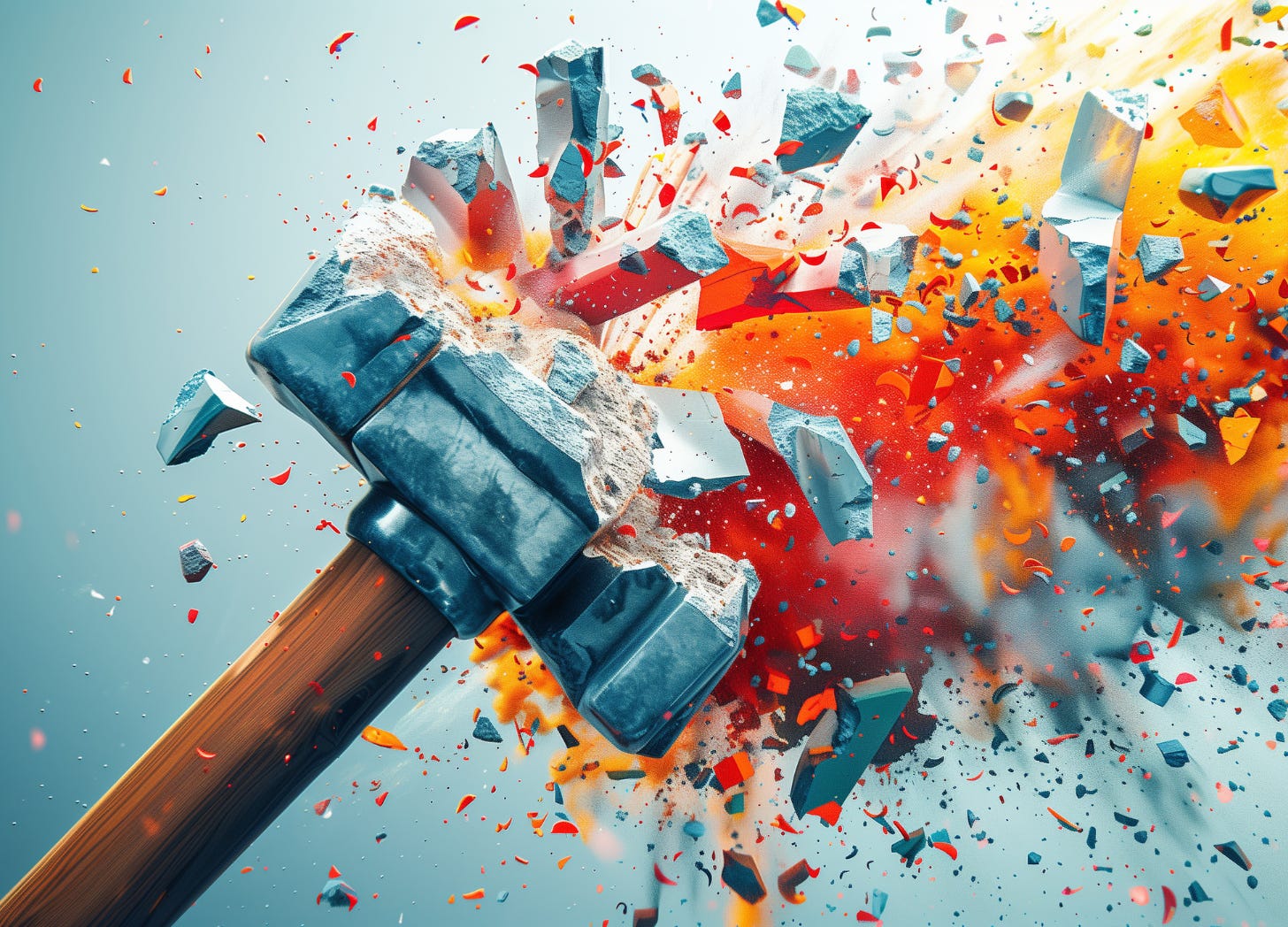 Close-up of a sledgehammer smashing through concrete and metal with explosive shards and debris flying outward, symbolizing destruction and the urge to tear things down.