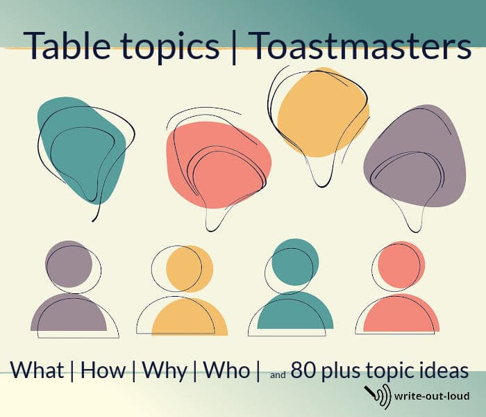Graphic: 4 stylized people with 4 speech bubbles. Text: Table Topics-Toastmasters.