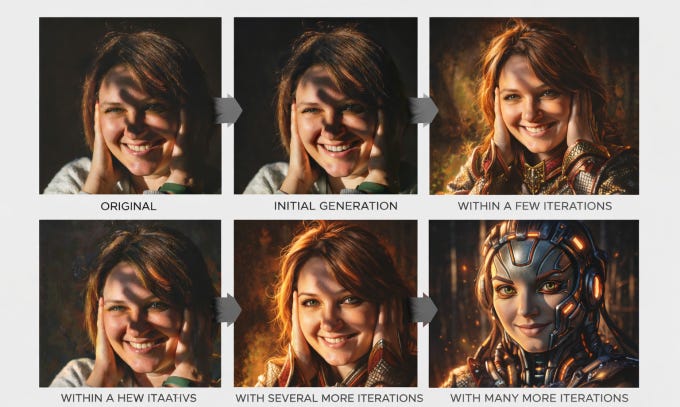 Một minh họa về việc AI sử dụng dữ liệu do chính nó tạo ra trong việc tái tạo hình ảnh. Ảnh: Unsplash + AI