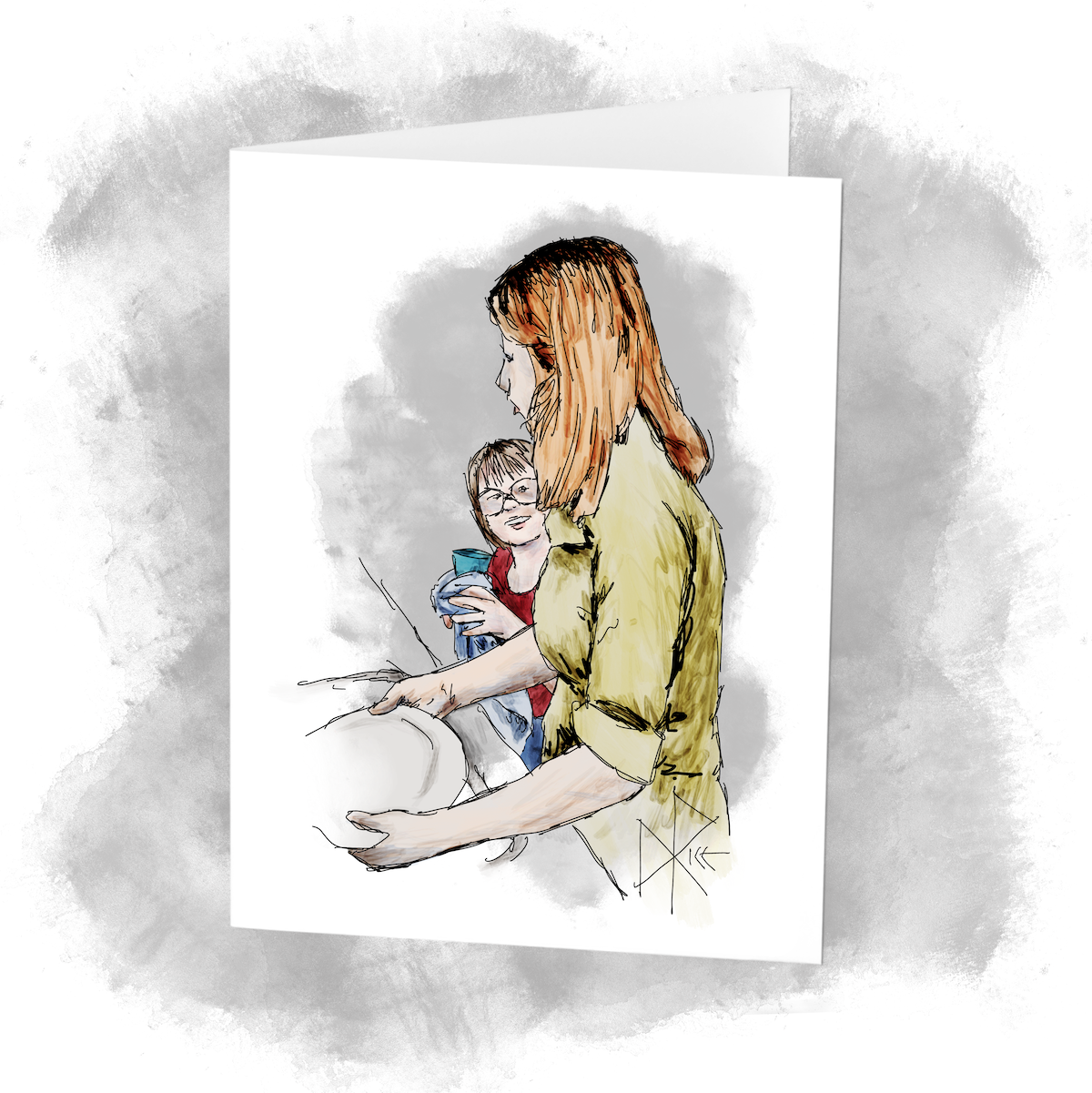 Laughing and chatting while using a dish towel to dry a cup, a young child looks up at the woman who is standing at the sink while washing a plate. Sketch art by Don Rice. Laughing and chatting while using a dish towel to dry a cup, a young child looks up at the woman who is standing at the sink while washing a plate. Sketch art by Don Rice.