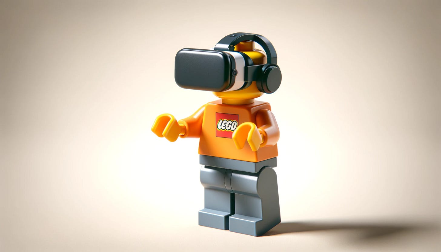 Create an image of a LEGO character wearing a VR headset, positioned as if it is exploring a virtual reality environment. The LEGO character should be in a playful stance, conveying excitement and wonder. The background should be simple and neutral to keep the focus on the LEGO figure and the VR headset. The image should be in a 16:9 aspect ratio.