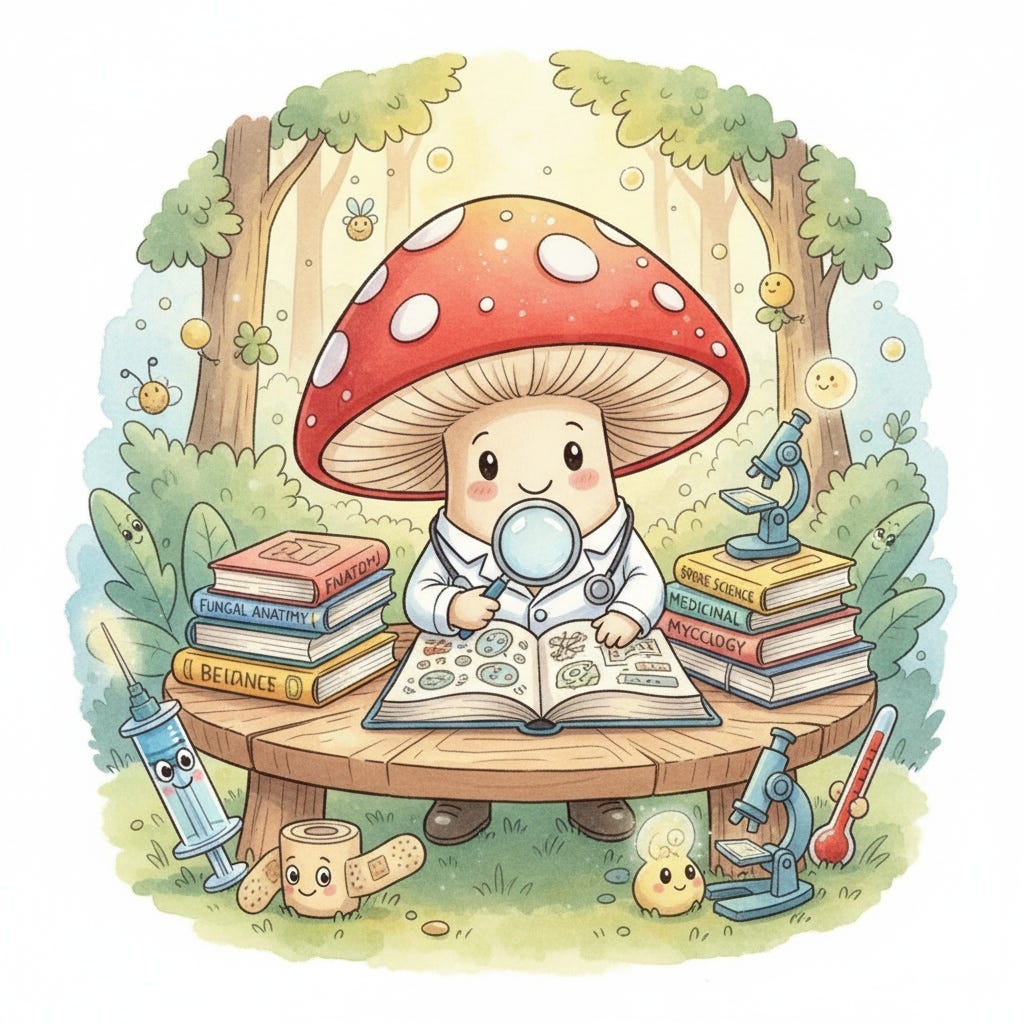 A cartoon mushroom with a magnifying glass reading a book

AI-generated content may be incorrect.