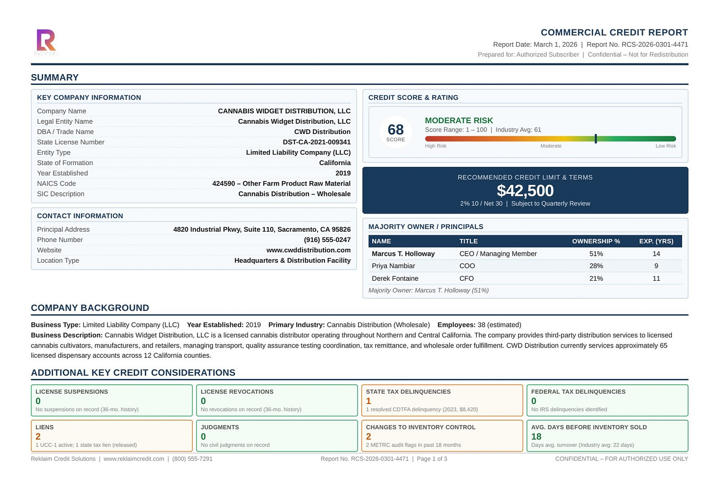 Reklaim Commercial Credit Report - Page 1: Company summary, credit score, recommended credit limit, and key credit considerations