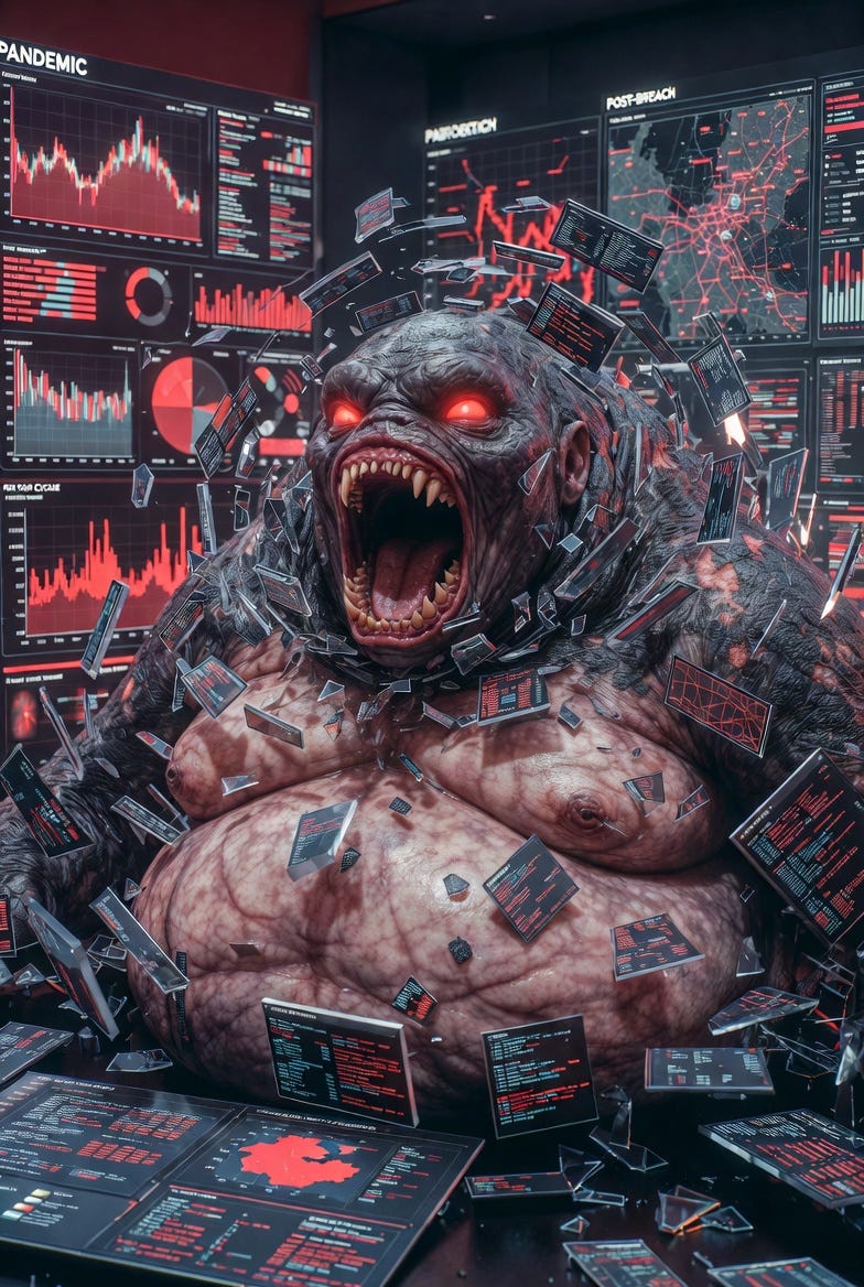 A surreal photograph of The Accelerator beast consuming data in a chaotic, symbolic scene.