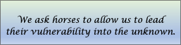 Text Box: We ask horses to allow us to lead their vulnerability into the unknown.
Text Box: We ask horses to allow us to lead their vulnerability into the unknown.