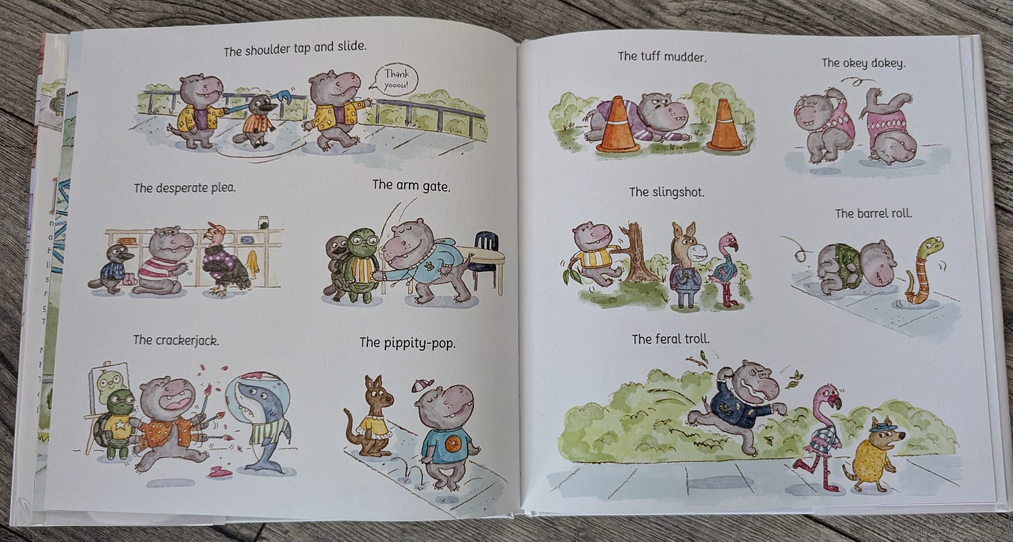 A page featuring many vignettes of a hippo trying to get to the front of the line. Things like "the crackerjack" and "the barrel roll."