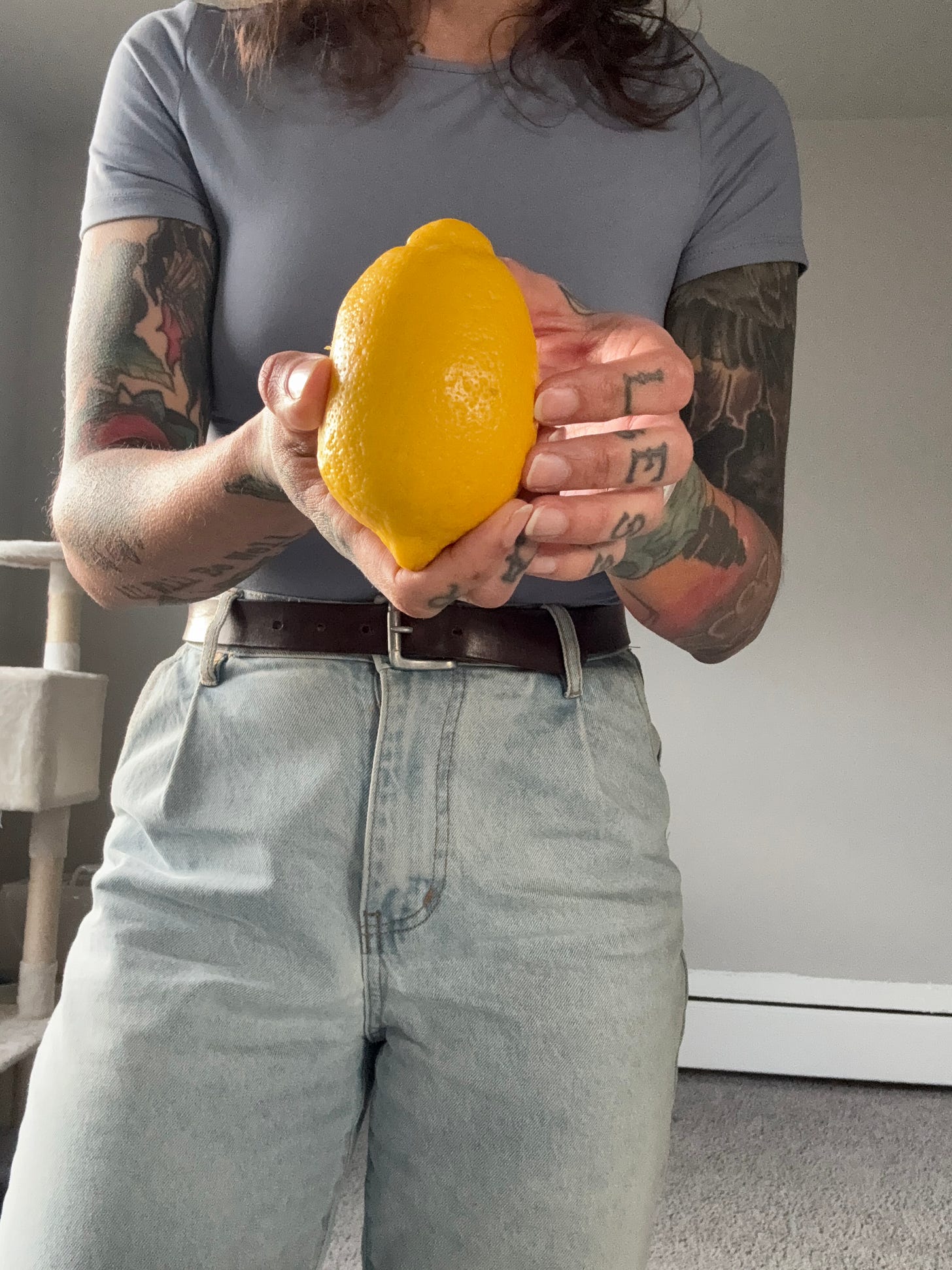 A person with tattooed arms holds a large yellow lemon with both hands at waist level, wearing a fitted gray shirt and light denim jeans in a softly lit room. A person with tattooed arms holds a large yellow lemon with both hands at waist level, wearing a fitted gray shirt and light denim jeans in a softly lit room.