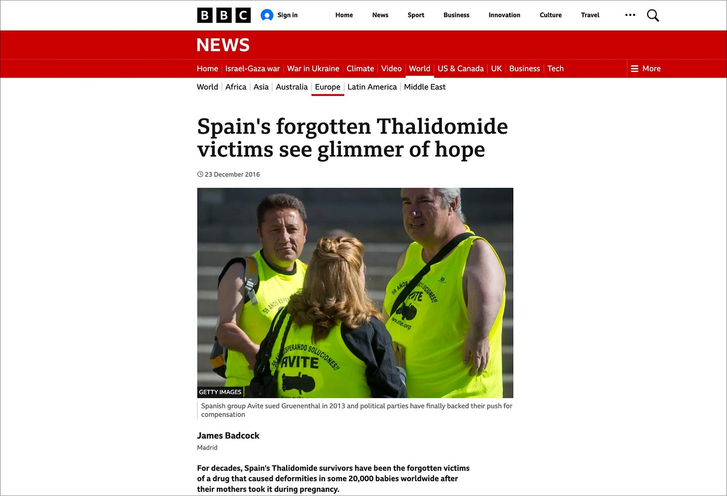 Screenshot of BBC article titled “Spain’s forgotten Thalidomide victims see glimmer of hope,” 23 December 2016.