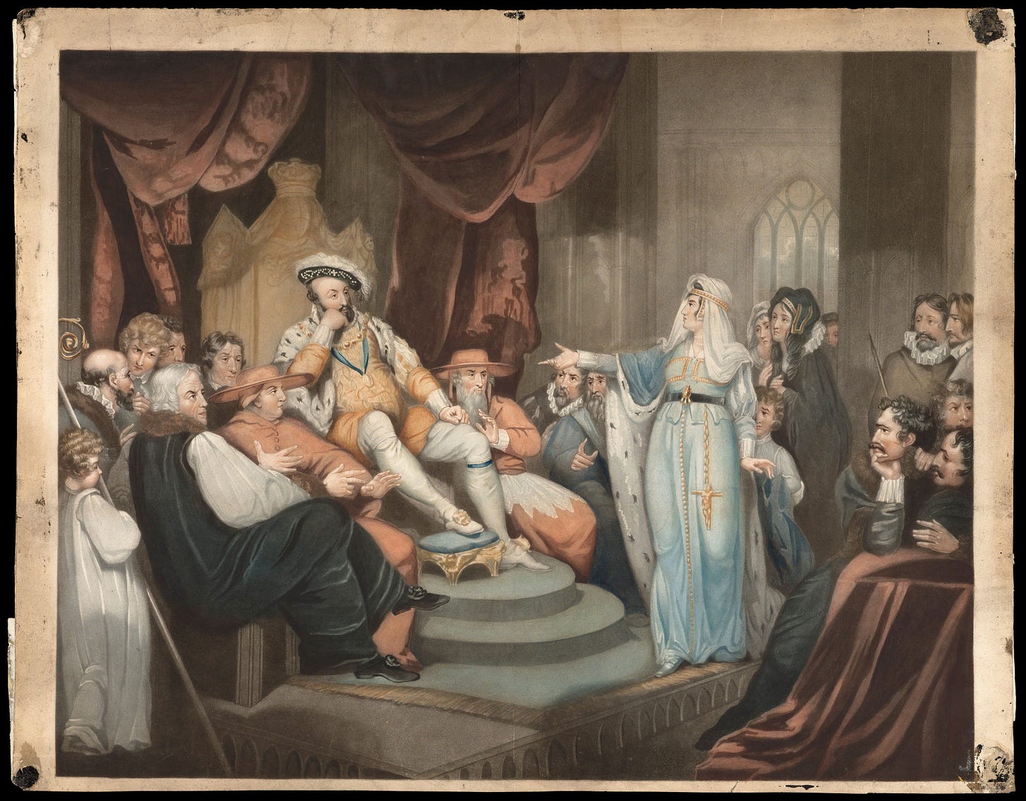 A painting of Catherine of Aragon making her case to king Henry VIII