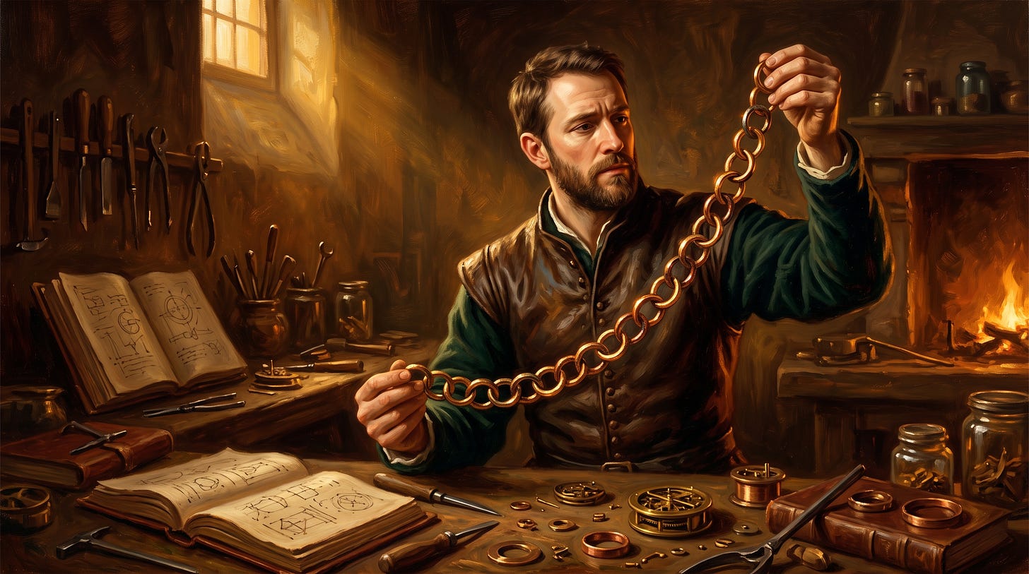 Craftsman examining a chain in a workshop, symbolizing a linked AI writing workflow