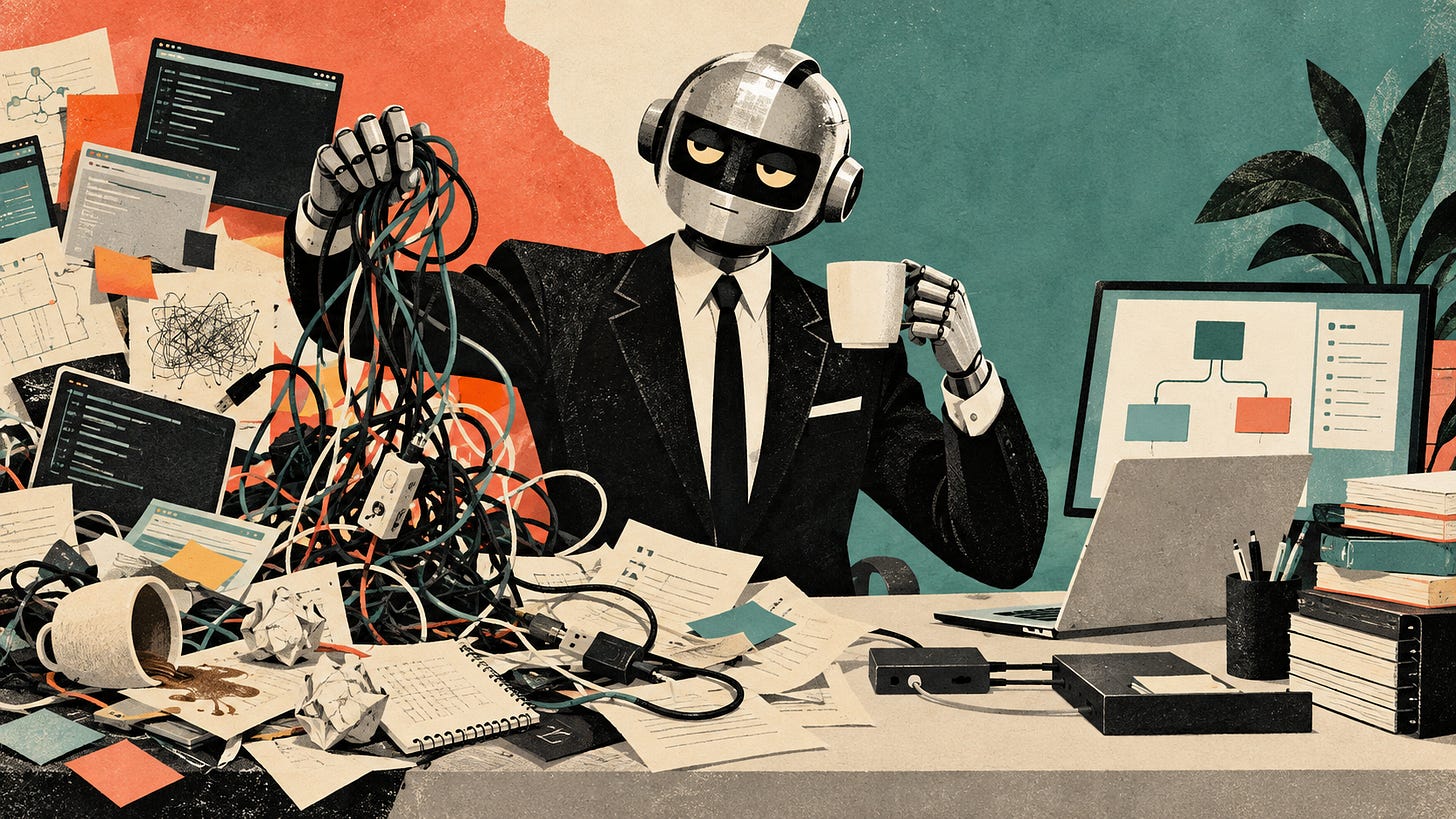 A suited silver robot untangles a cluttered desk, coffee in hand. A suited silver robot untangles a cluttered desk, coffee in hand.