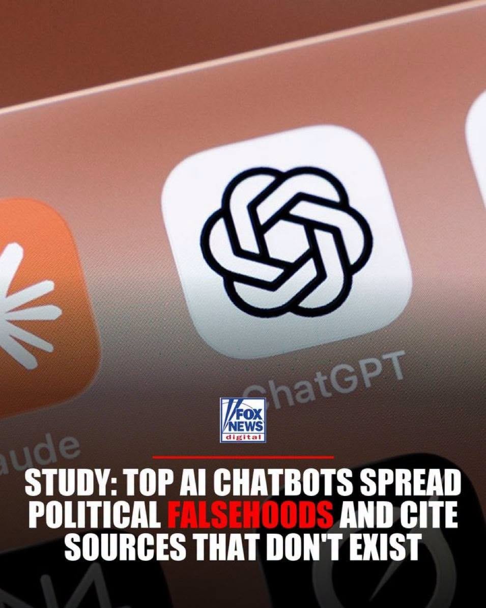 May be an image of text that says 'S hatGPT FOX FOX NEWS digital STUDY: TOP AI CHATBOTS SPREAD POLITICAL FALSEHOODS AND CITE SOURCES THAT DON'T EXIST'