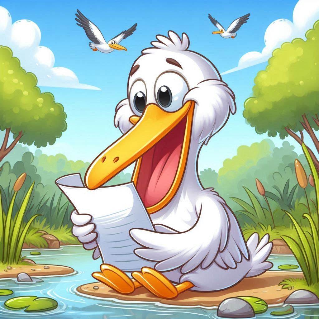 a happy cartoon pelican reading a long piece of paper while sitting near a swamp
