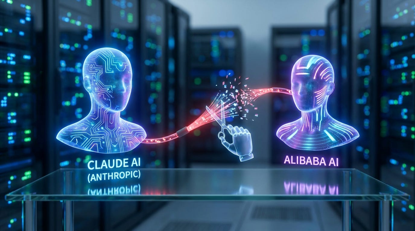 Hình ảnh khái niệm về hai nhân vật kỹ thuật số đang phát sáng, một người ghi "CLAUDE AI (ANTHROPIC)" và người kia ghi "ALIBABA AI", đối mặt nhau. Một dòng dữ liệu màu đỏ đang bị một bàn tay kỹ thuật số cắt đứt