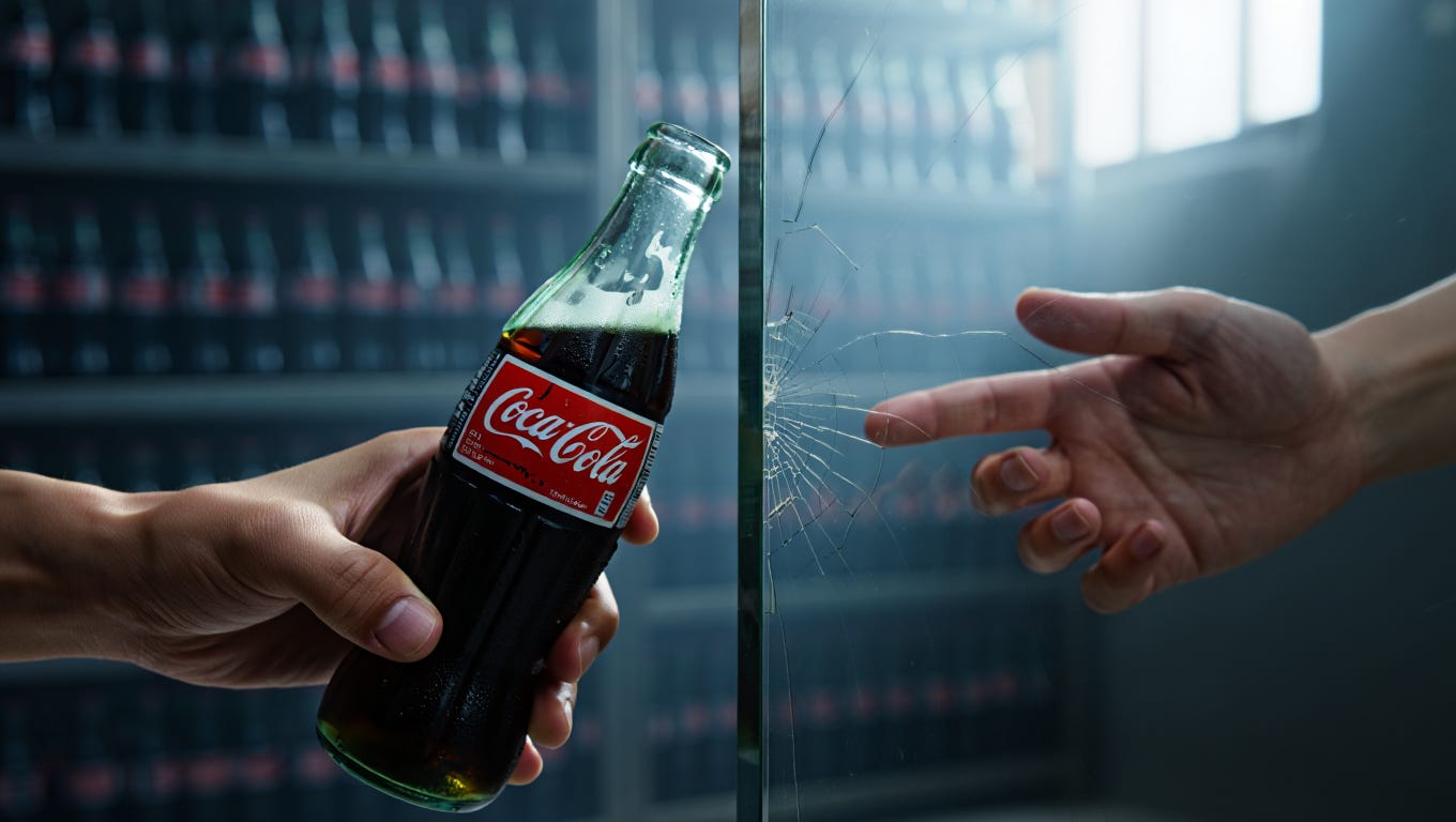 A hyperrealistic close-up of two hands reaching toward each other. The left hand holds an ice-cold Coca-Cola bottle with condensation dripping. The right hand reaches forward to receive it. Between the hands, an invisible glass wall — reflective, slightly cracked — creates separation. In the dark background, endless rows of identical Coca-Cola bottles fade into fog on industrial shelving. Soft window light from the side. Melancholic, cinematic, shot on Arri Alexa. The gesture of giving is present; something invisible blocks the connection.