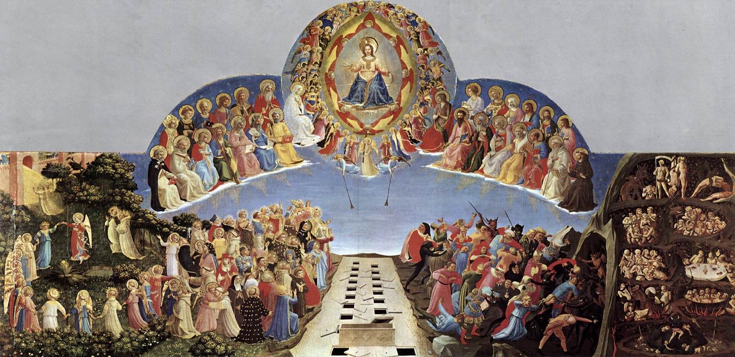 Fra Angelico's Last Judgment panel, with Christ enthroned among saints above an open row of tombs, the blessed in a garden on the left and the damned driven into a fiery underworld on the right Fra Angelico's Last Judgment panel, with Christ enthroned among saints above an open row of tombs, the blessed in a garden on the left and the damned driven into a fiery underworld on the right