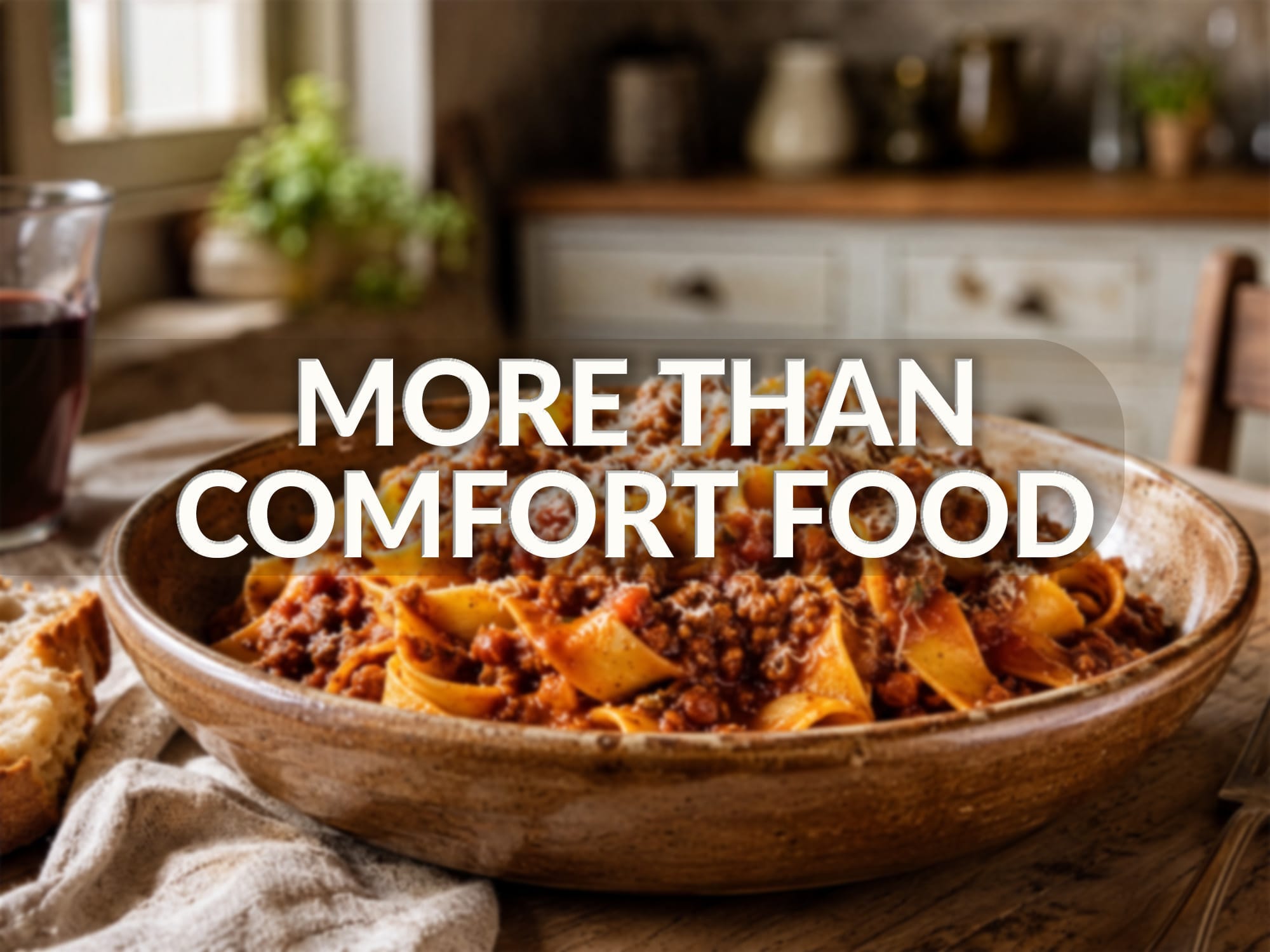 A bowl of pappardelle pasta with a lentil-based ragu