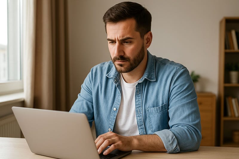 realista de un hombre concentrado trabajando en su portátil dentro de una habitación luminosa con estanterías al fondo, simbolizando el proceso de reflexionar y redescubrir la pasión para emprender online recuperando claridad y rumbo.