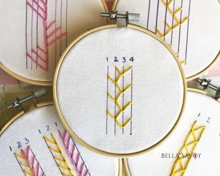 5 Easy Feather Stitch Variations 46 5 embroidery hoops with feather stitch variations on each