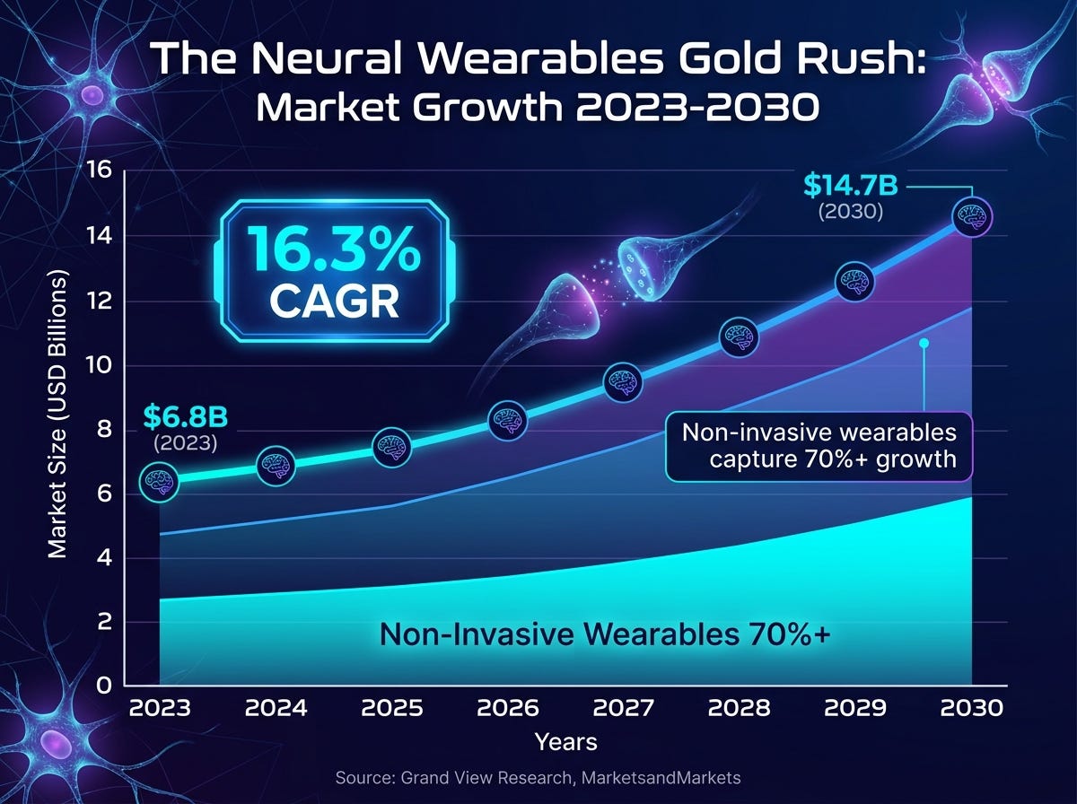 Figure 2. Neural wearables gold rush: non-invasive wearables capture the majority of growth as the cognitive-tech market scales.