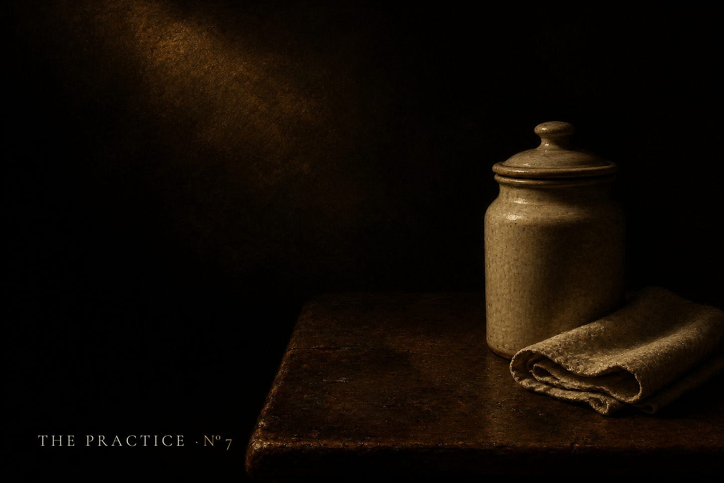 A stoppered earthenware apothecary jar beside folded linen on a dark wooden table. A stoppered earthenware apothecary jar beside folded linen on a dark wooden table.