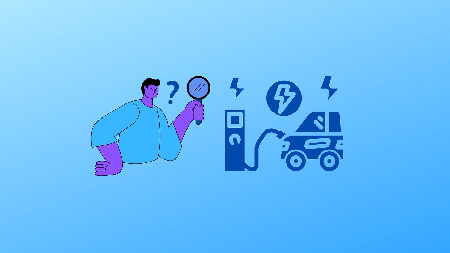 Image of person with magnifying glass next to an electric car and charging station