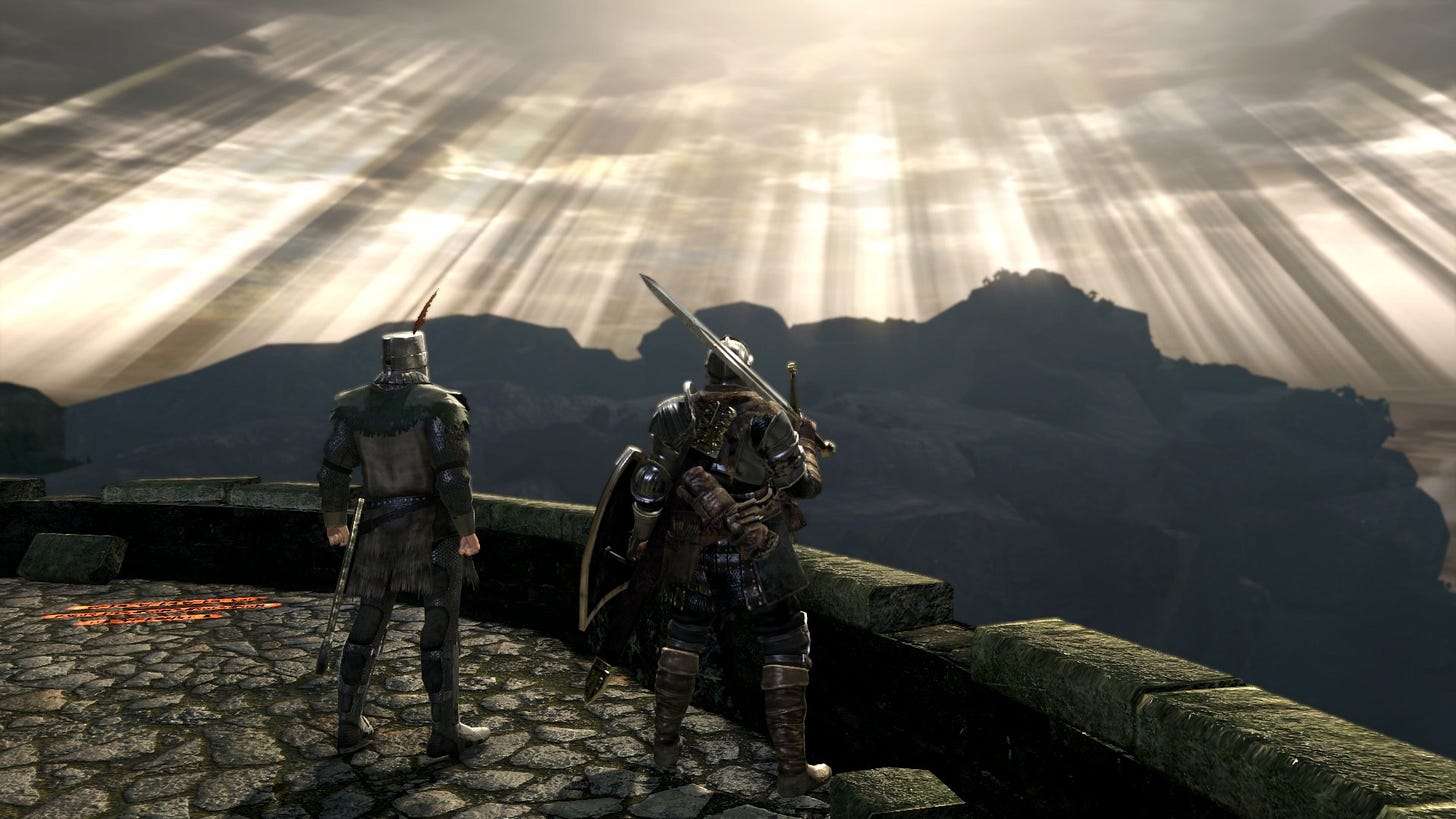 Screenshot of Dark Souls where two characters overlook the castle wall, the view ahead is vast showing dark clouds with sun rays penetrating through them