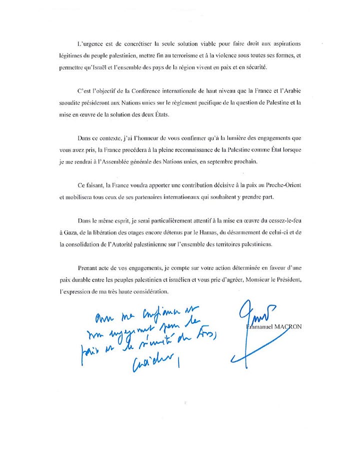 Emmanuel Macron's letter to the Palestinian Authority