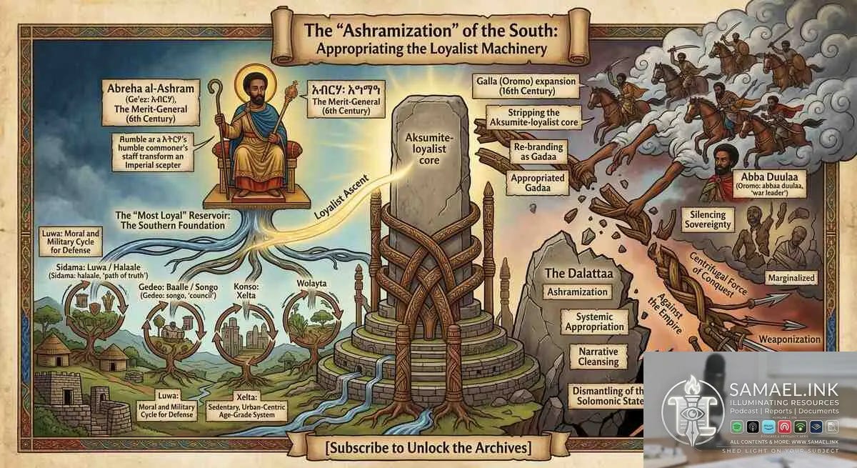 A detailed historical infographic titled "The 'Ashramization' of the South." On the left, a seated Aksumite figure, Abreha al-Ashram (Ge’ez: አብርሃ), represents meritocratic ascent. Below him, the "Southern Foundation" is shown through the Sidama, Gedeo, Konso, and Wolayta peoples, depicted with icons of terraced towns, councils, and the Halaale (Sidama: halaale, lit. 'path of truth') cycles. These roots feed into a central stone obelisk labeled "Aksumite-loyalist core." On the right, the 16th-century Galla (Oromo) expansion is depicted as a "centrifugal force," with wooden mechanical arms stripping the core to re-brand it as Gadaa. Mounted Abbaa Duulaa (Oromo: abbaa duulaa, lit. 'war leader') figures move away from the center, symbolizing the dismantling of the Solomonic state and the silencing of the original Southern sovereign groups.