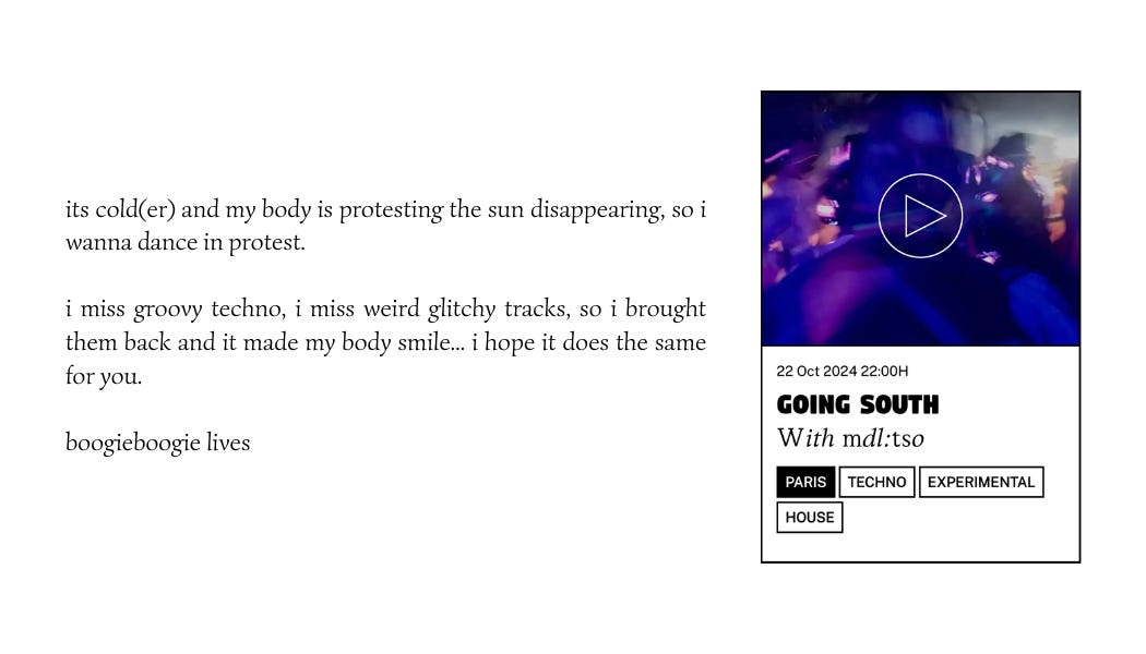 its cold(er) and my body is protesting the sun disappearing, so i wanna dance in protest.  i miss groovy techno, i miss weird glitchy tracks, so i brought them back and it made my body smile... i hope it does the same for you.  boogieboogie lives