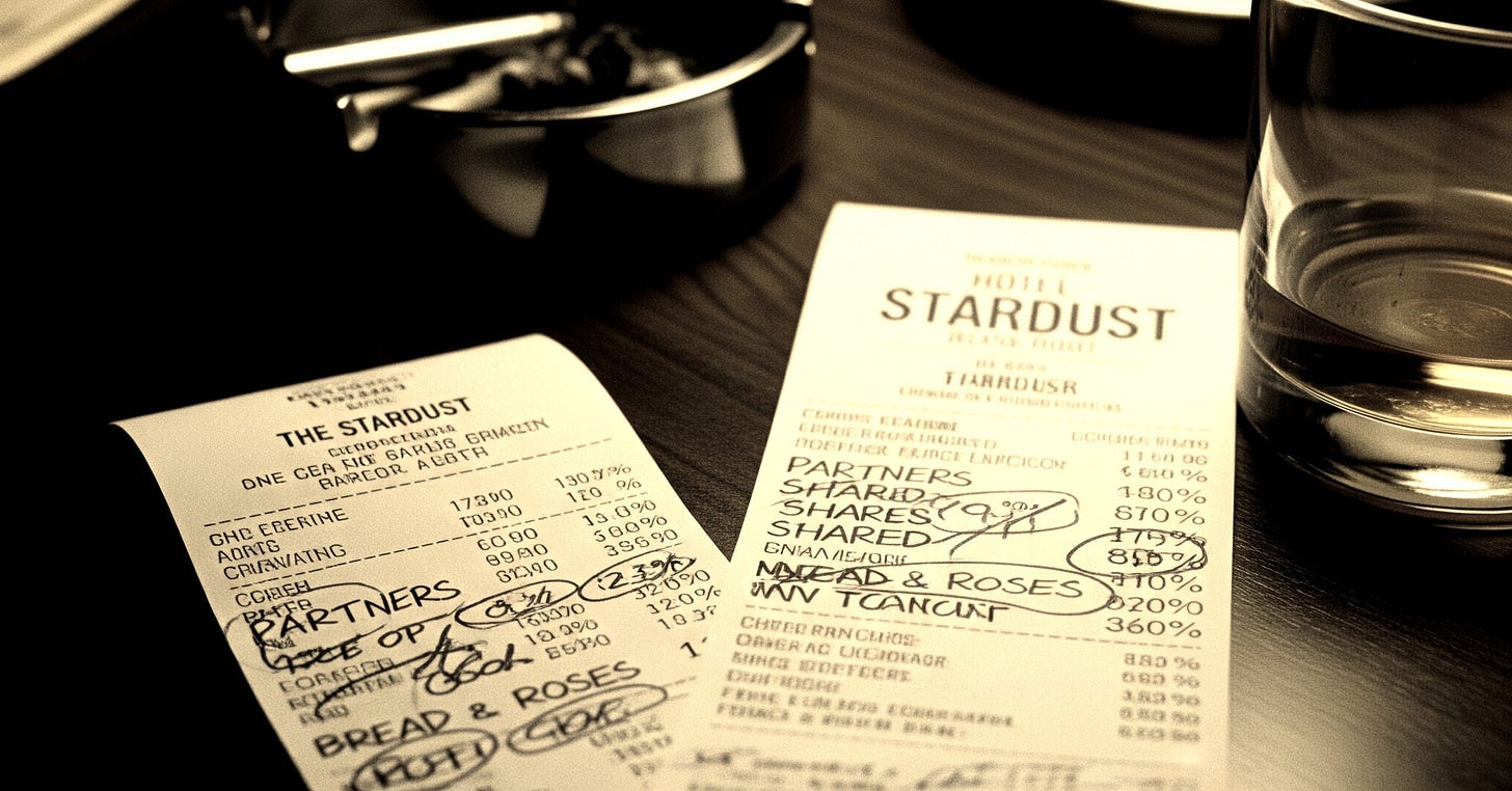 A moody, stylized photograph of a dark wood hotel room desk from the 1970s, lit by a single lamp. An overflowing glass ashtray and a lowball glass with whiskey sit on the desk. In the center, a Stardust Hotel receipt is covered in frantic handwriting, with circled words like 'PARTNERS,' 'SHARES,' and 'BREAD & ROSES'.