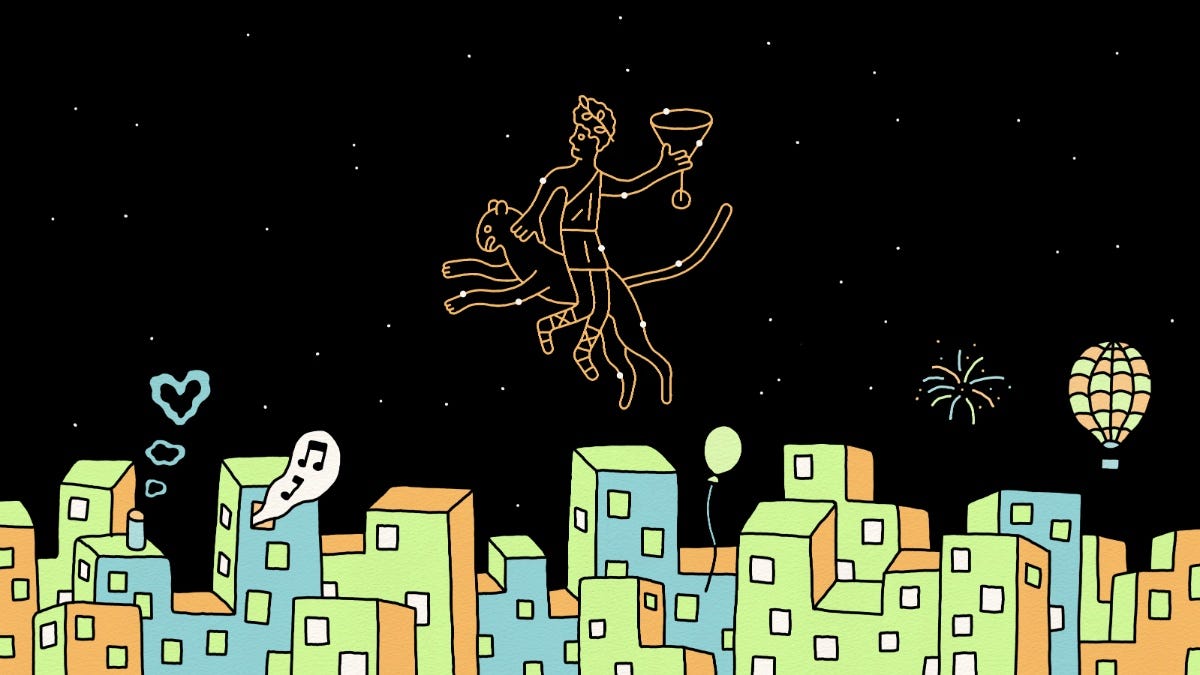 tekening van een stad in de nacht, je ziet een sterrenbeeld van bacchus