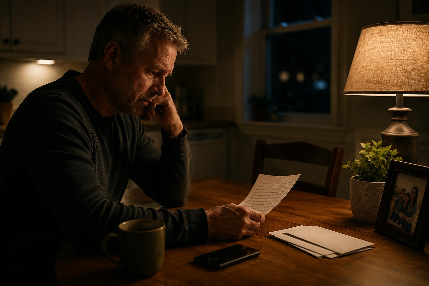 A middle-aged person sitting alone at a kitchen table late at night with: a handwritten letter soft lamp light phone nearby visible emotional hesitation quiet atmosphere empty chair across from them The emotional tension should feel: “I should have said this sooner A middle-aged person sitting alone at a kitchen table late at night with: a handwritten letter soft lamp light phone nearby visible emotional hesitation quiet atmosphere empty chair across from them The emotional tension should feel: “I should have said this sooner