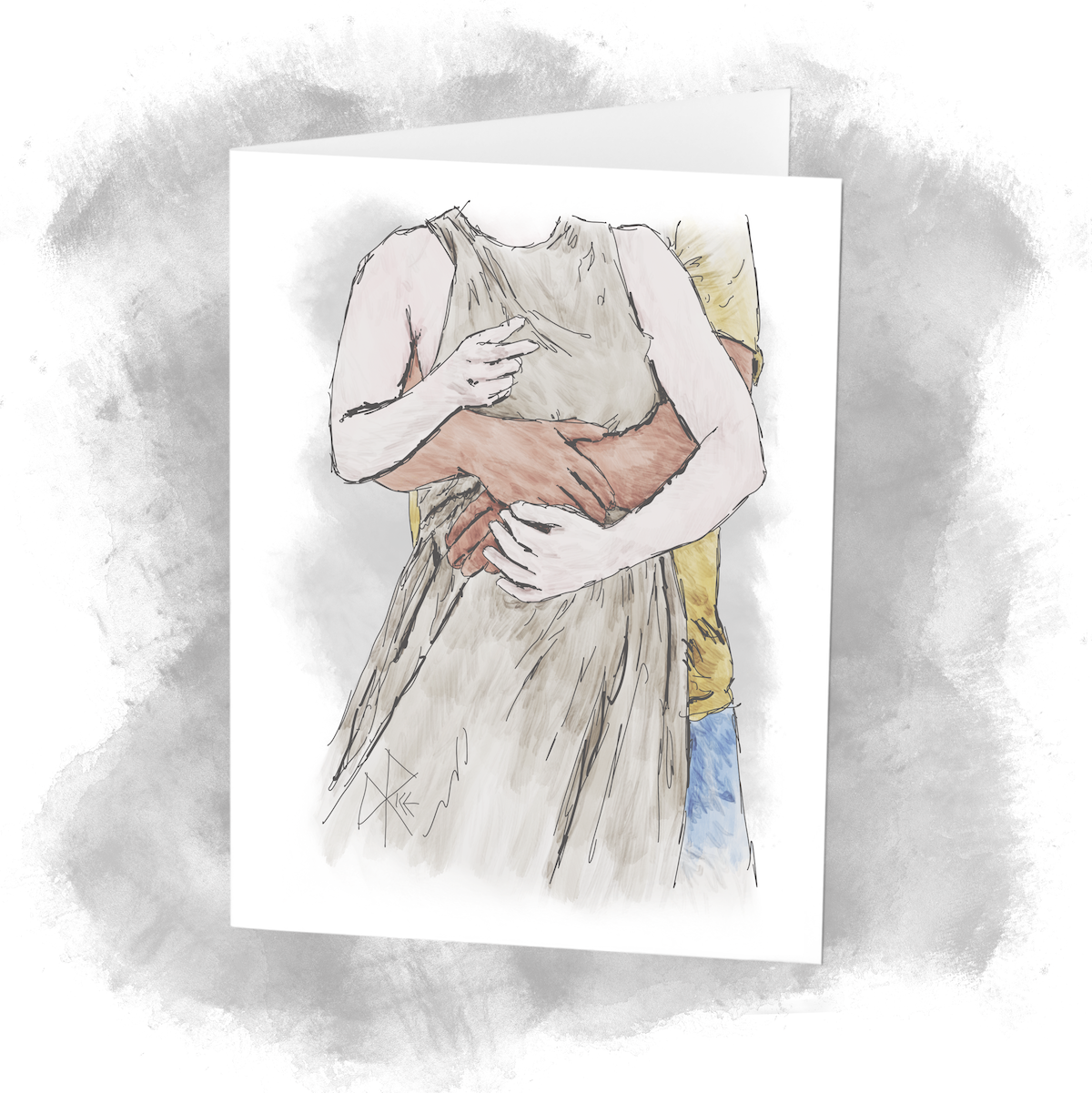 A man stands behind a woman, with his arms wrapped around her belly in a tight hug. Sketch art by Don Rice.