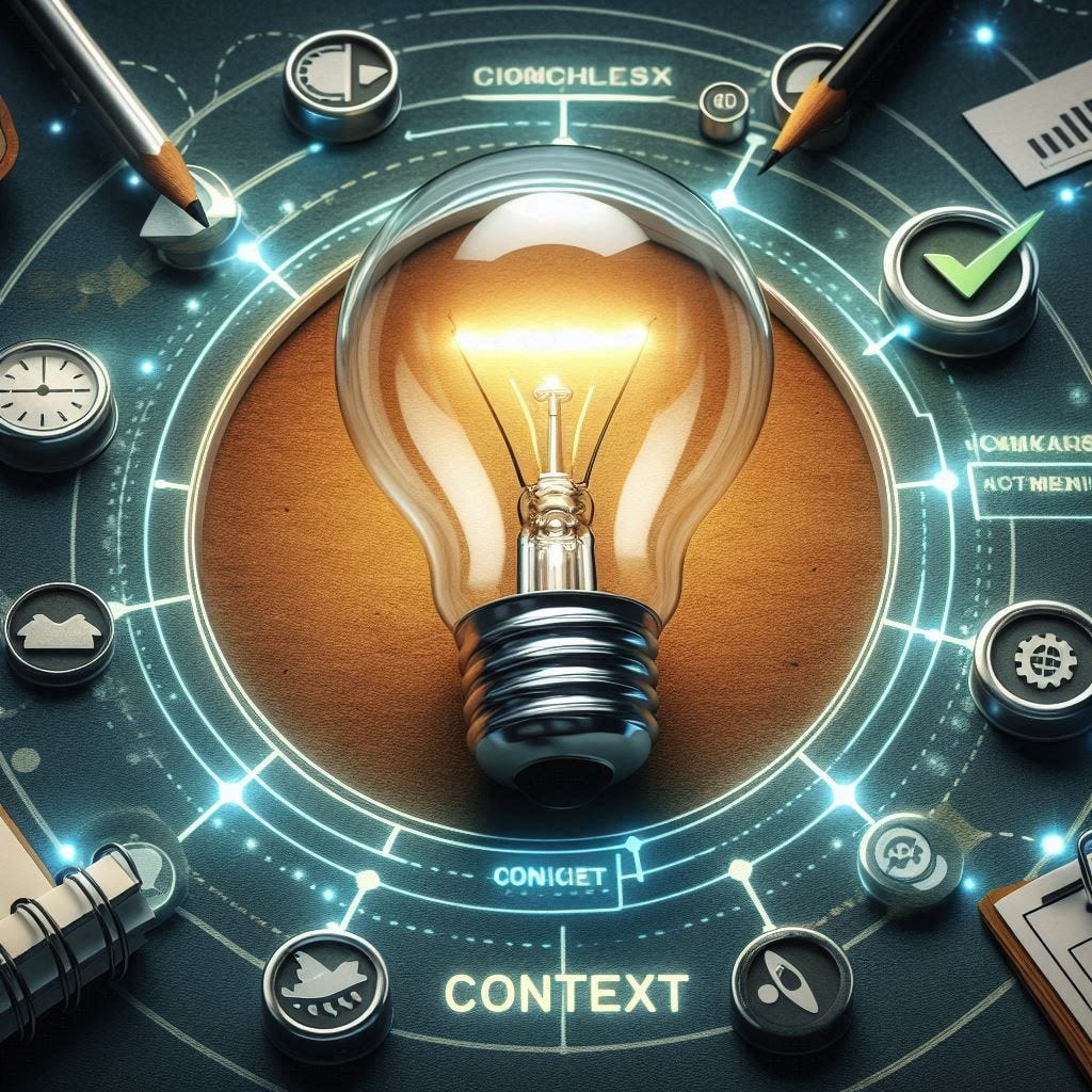 A light bulb illuminating the word "Context" surrounded by project management symbols. AI Generated image. A light bulb illuminating the word "Context" surrounded by project management symbols. AI Generated image.