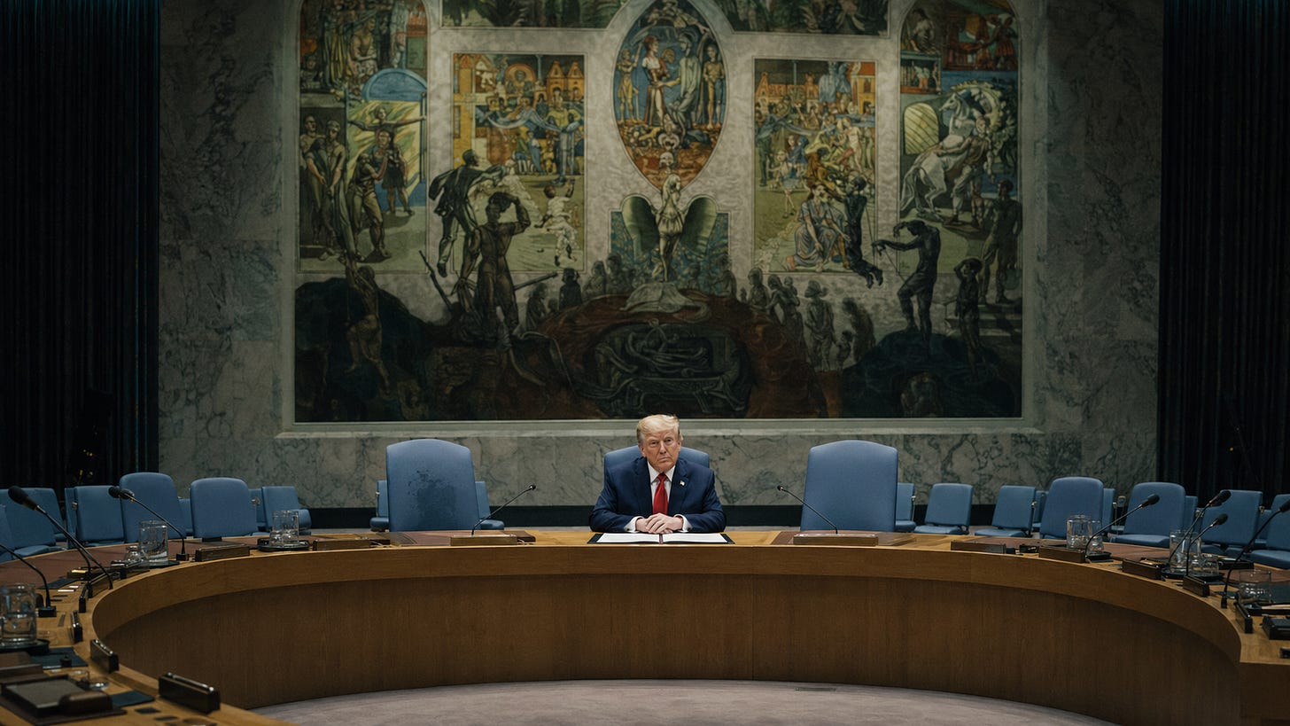 Interior of the United Nations Security Council chamber photographed from a low three-quarter angle, with President Donald Trump seated at the central position of the horseshoe table beneath the Per Krohg mural; chamber otherwise empty.