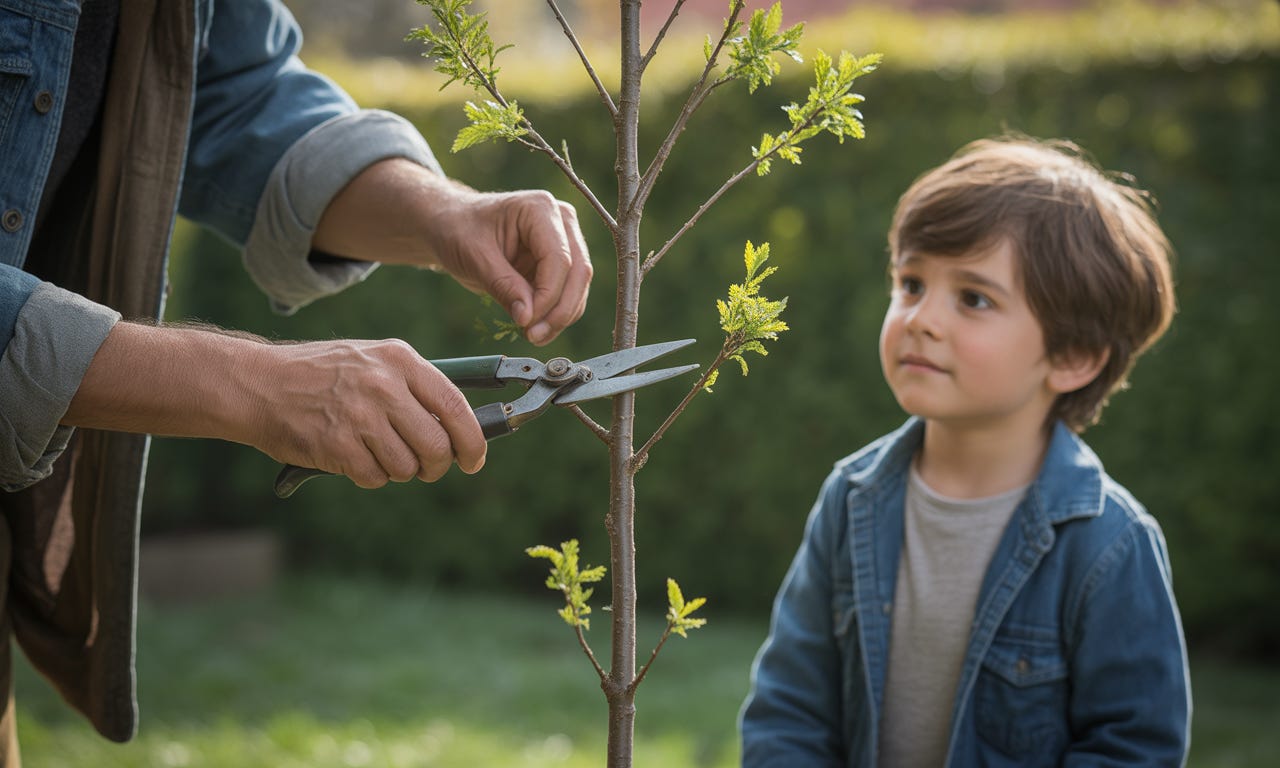 Illustration of a gardener pruning small branches on a young plant to guide healthy growth.