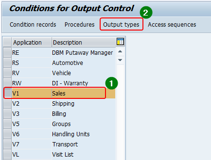 Output configuration via NACE. Application area Sales (V1). Select the application area and Output type