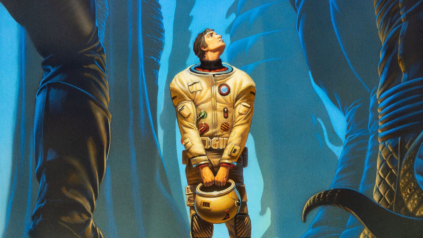 Detail from THE GODS LAUGHED featuring a man in white spacesuit standing meekly gripping the lip of his helmet with both hands. He cranes his neck to peer up at the enormous figures of aliens towering over him.