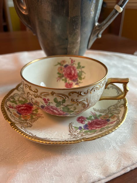 Tea Time with a painting from Mary Cassatt and Henry Salem Hubbell and tea cup from my Grandmother
