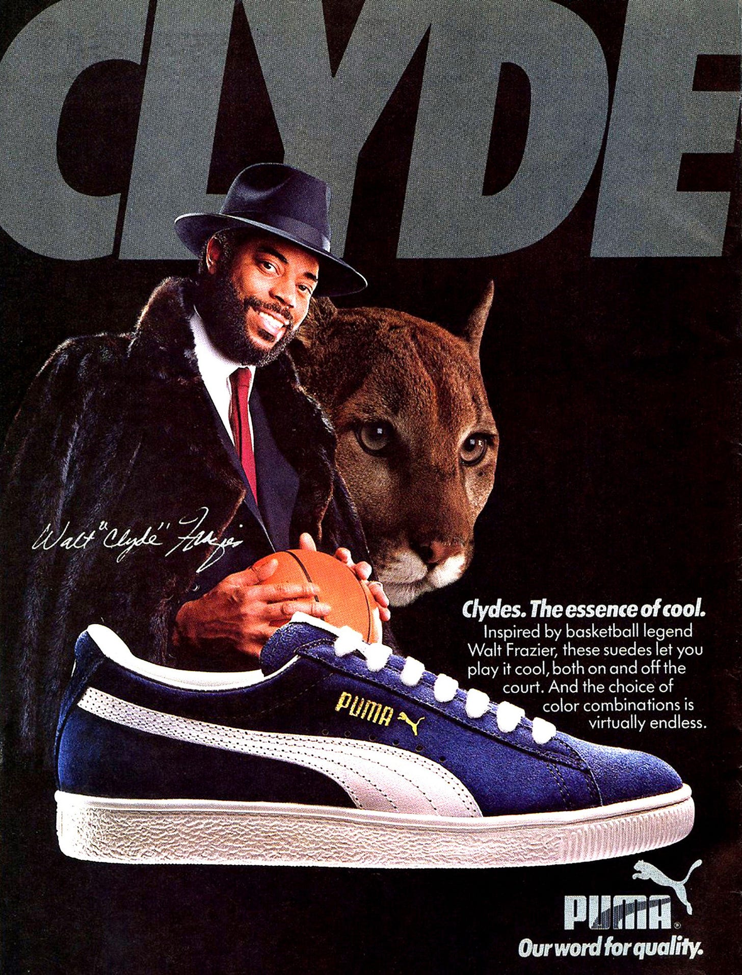 Frazier was the first NBA player to have a signature shoe—the PUMA Clyde. Of course they were suede. 