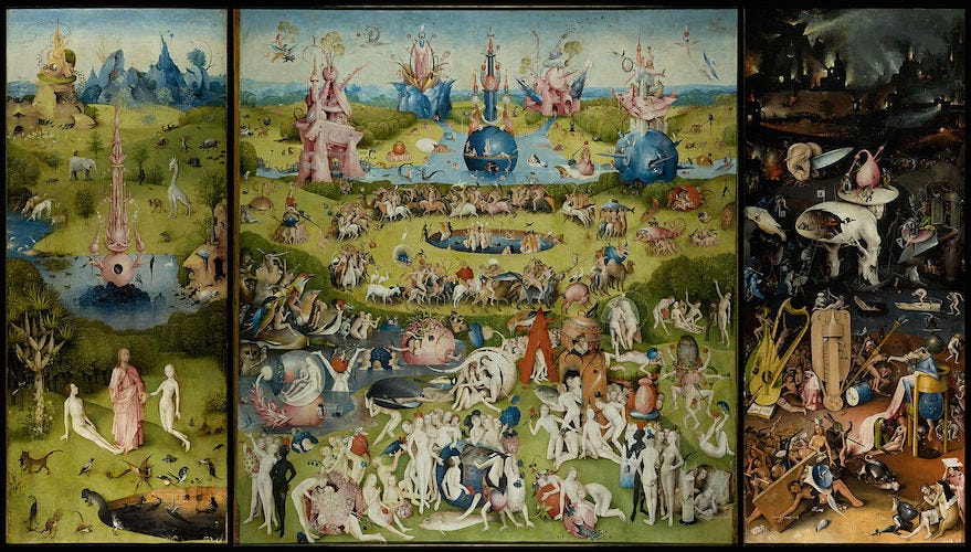 Hieronymus Bosch, The Garden of Earthly Delights, c. 1480-1505, oil on panel, 220 x 390 cm (Prado)