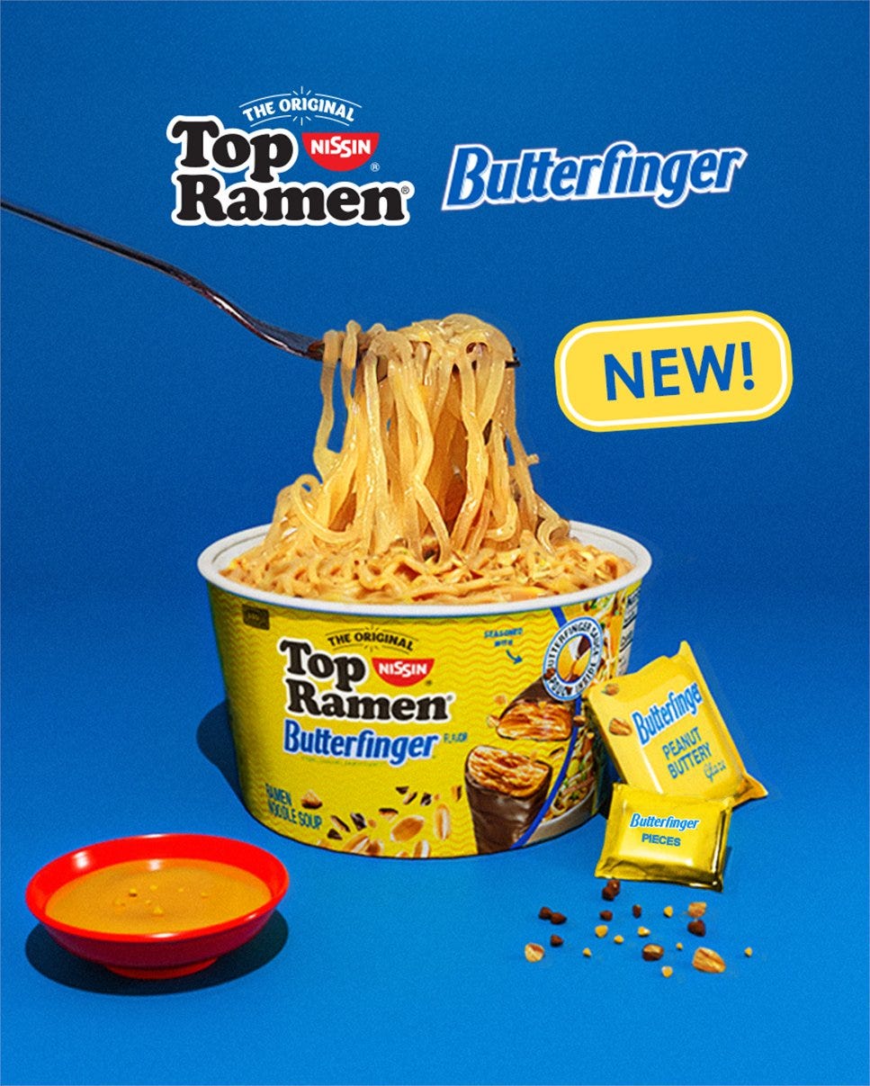 An ad for fake Butterfinger-flavored Top Ramen