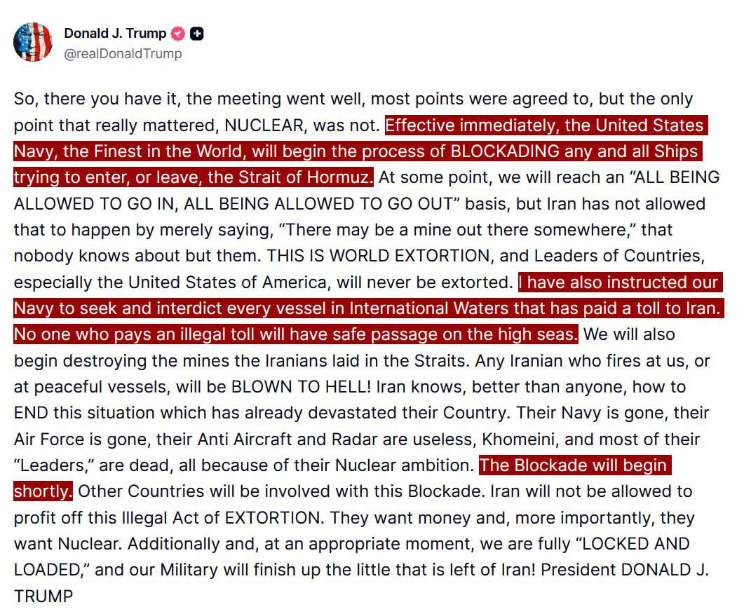 In his tweet, Donald Trump talks about Iran's blockade strategies and the perceived threat in the Strait of Hormuz. In his tweet, Donald Trump talks about Iran's blockade strategies and the perceived threat in the Strait of Hormuz.