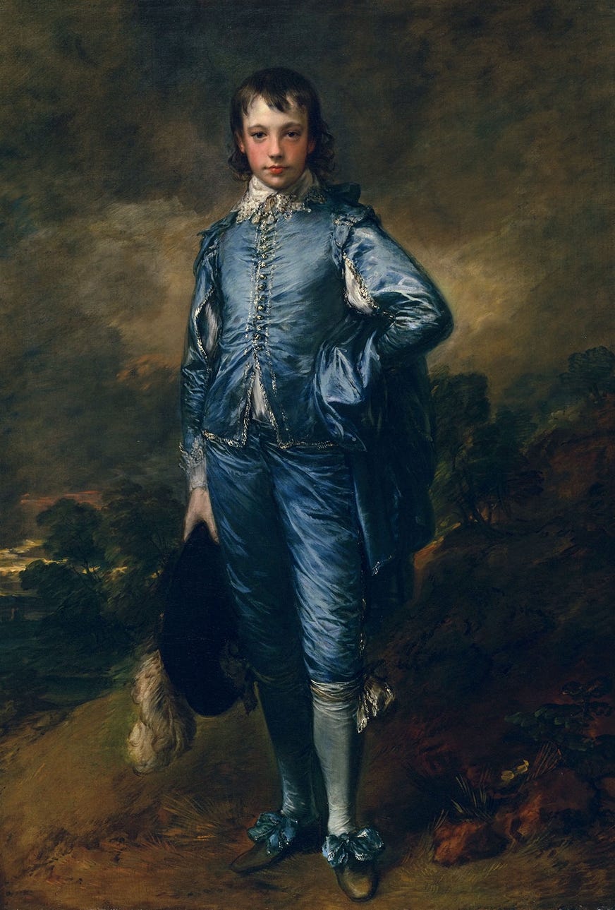 An oil painting depicting a young boy in an elaborate blue satin suit. He stands confidently against a moody landscape, holding a feathered hat at his side. _The Blue Boy_ by Thomas Gainsborough - The Huntington Library via [Wikimedia](https://commons.wikimedia.org/w/index.php?curid=6503716)