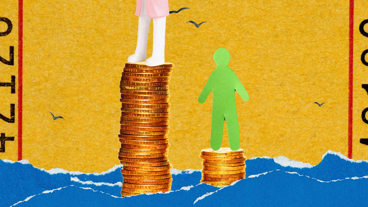 Two stacks of coins at different heights with paper people on top.
