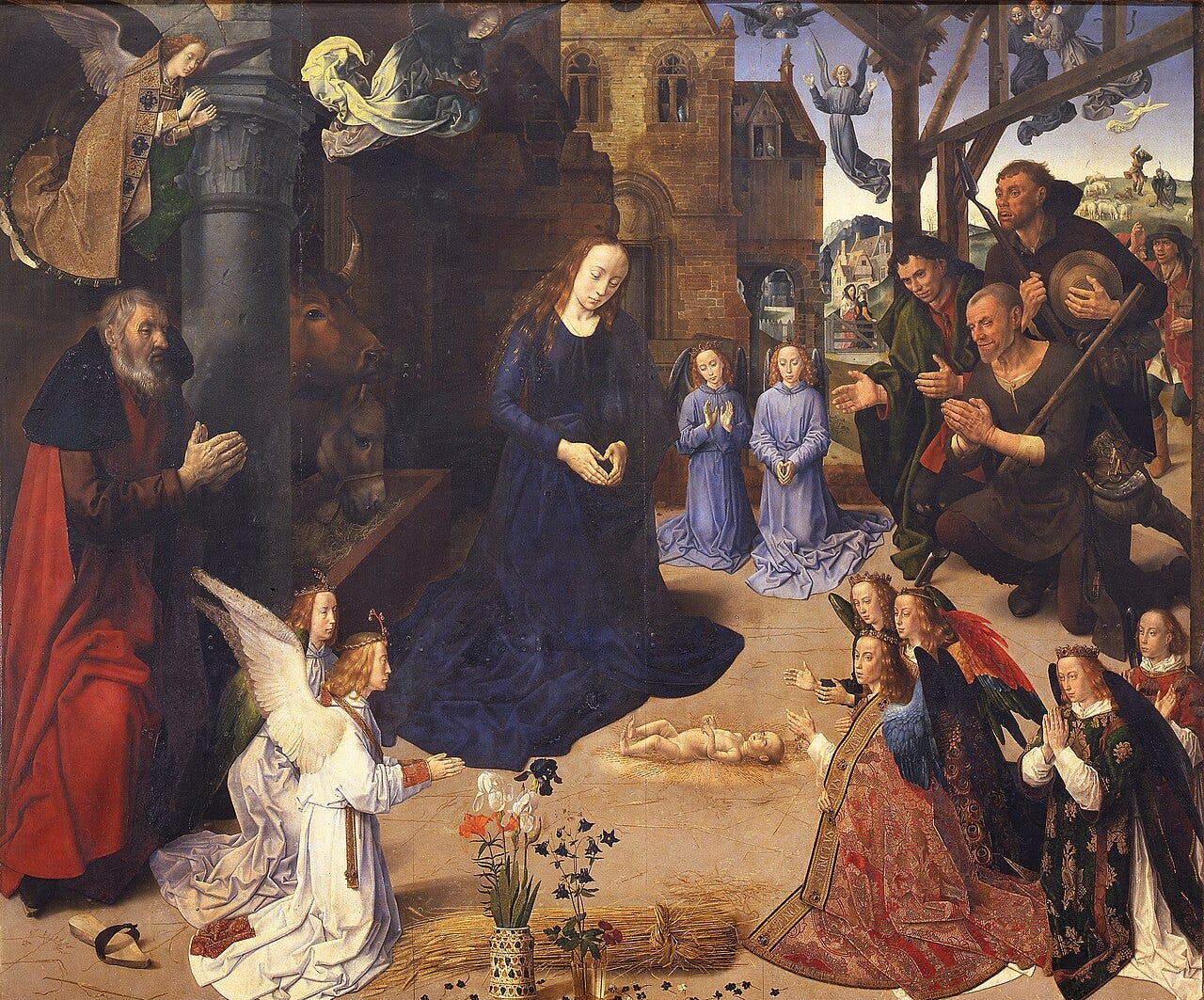 Nativity triptych with two vases of flowers in the foreground Nativity triptych with two vases of flowers in the foreground