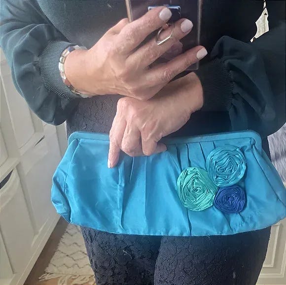 Express Vintage Turquoise Satin Floral Clutch - Picture 1 of 17