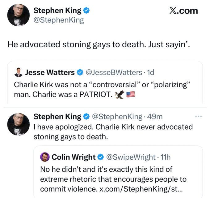 Screenshots of tweets from Stephen King, Jesse Watters, Colin Wright, and Stacey Monette on X. Stephen King\'s profile picture shows a man with glasses, Jesse Watters\'s shows a man in a suit, Colin Wright\'s shows a man with a beard, and Stacey Monette\'s is not visible. Each tweet includes text and profile images with usernames and timestamps.